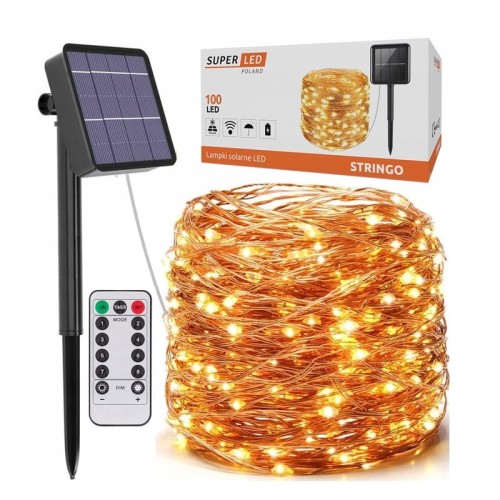 Łańcuch świetlny 10m 100LED, girlanda solarna ogrodowa, drucik miedziany + pilot