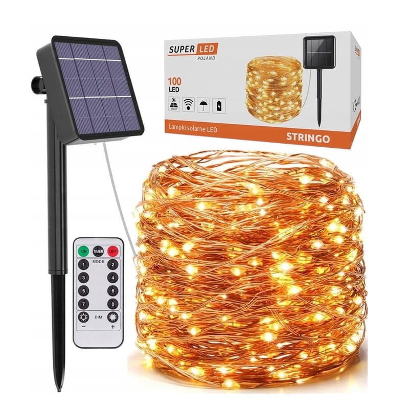 Łańcuch świetlny 10m 100LED, girlanda solarna ogrodowa, drucik miedziany + pilot