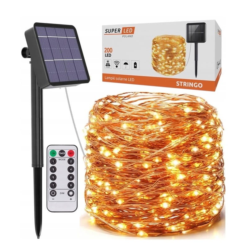 Łańcuch świetlny 20m 200LED, girlanda solarna ogrodowa, drucik miedziany + pilot