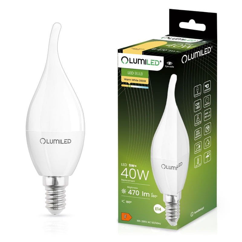 Żarówka LED E14 5W ciepła 3000K 470lm płomyk C37 z opakowaniem