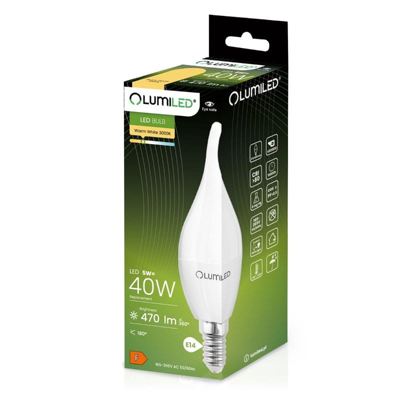 Żarówka LED E14 5W ciepła 3000K 470lm płomyk C37 opakowanie