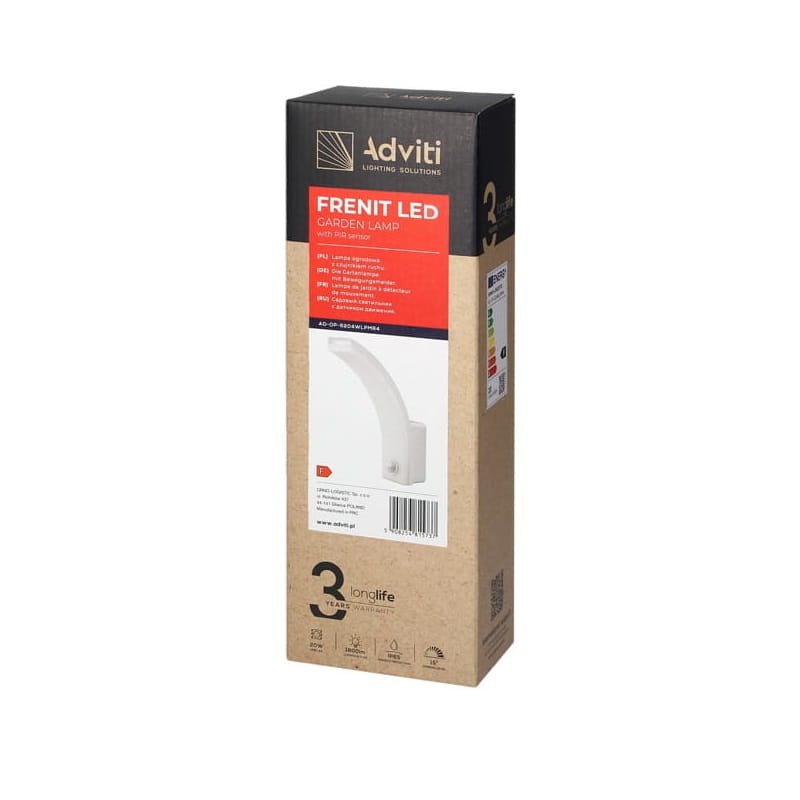 Kinkiet, lampa ogrodowa, elewacyjna LED 20W IP65 4000K FRENIT z czujnikiem ruchu i zmierzchu - biała opakowanie