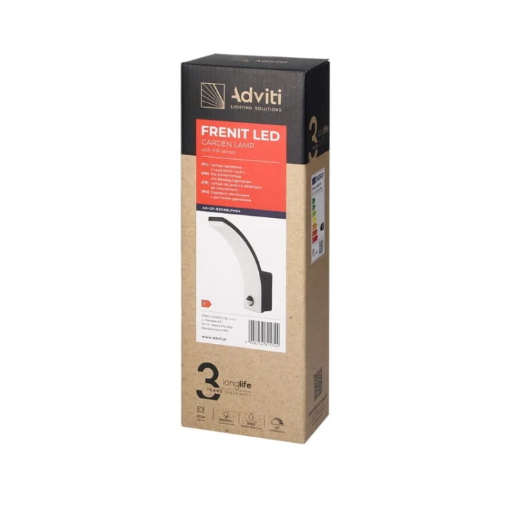 Kinkiet, lampa ogrodowa, elewacyjna LED 20W IP65 4000K FRENIT z czujnikiem ruchu i zmierzchu - czarna opakowanie