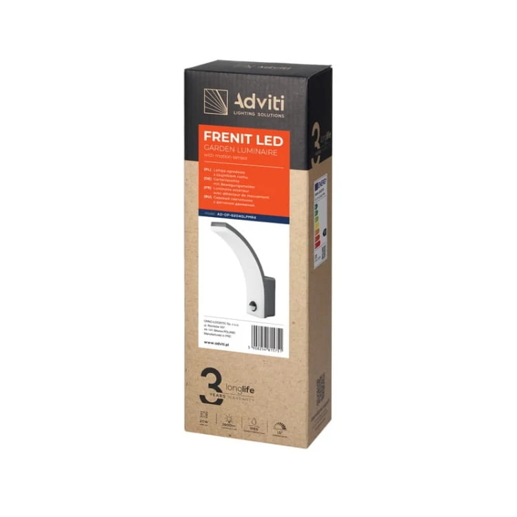 Kinkiet, lampa ogrodowa, elewacyjna LED 20W IP65 4000K FRENIT z czujnikiem ruchu i zmierzchu - szara opakowanie
