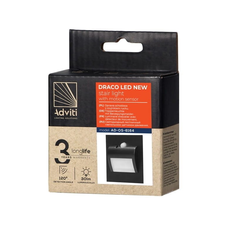 Oprawa schodowa LED 1,5W 12V DRACO biała ciepła - czarna z czujnikiem ruchu i zmierzchu opakowania