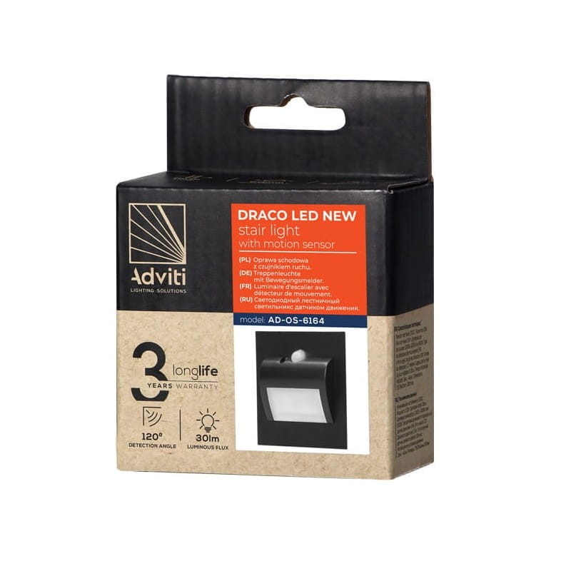 Oprawa schodowa LED 1,5W 12V DRACO biała zimna - czarna z czujnikiem ruchu i zmierzchu opakowanie