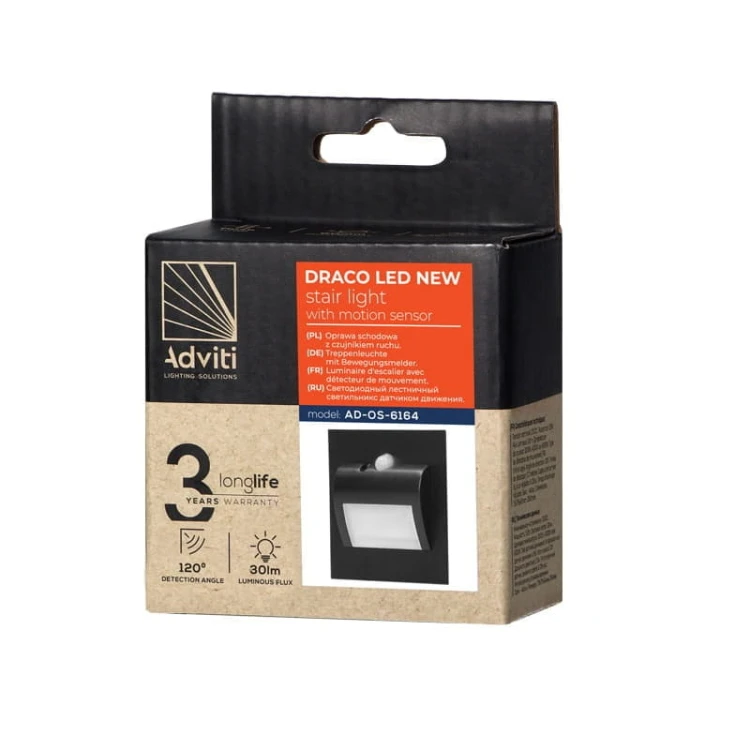 Oprawa schodowa LED 1,5W 12V DRACO biała neutralna - czarna z czujnikiem ruchu i zmierzchu opakowanie