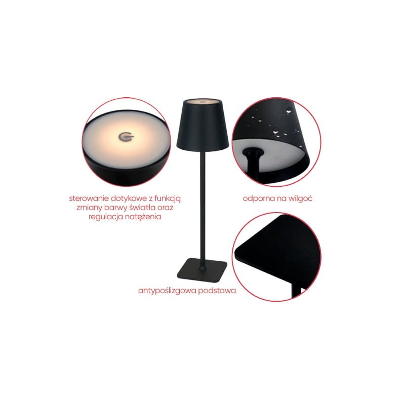Lampa stołowa 3,5W 400lm CCT IP54 czarna aku 2x2000mAh TAZA zalety