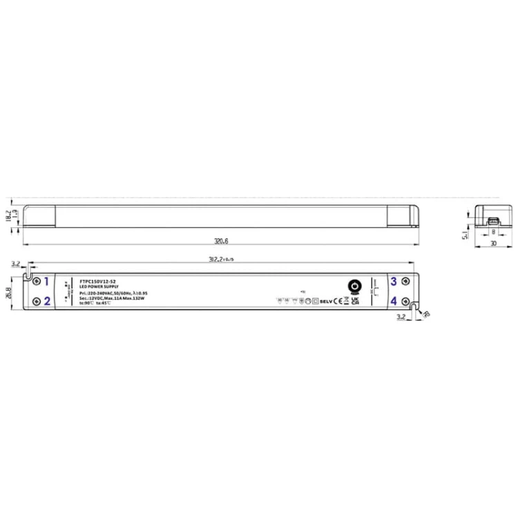 Zasilacz LED 150W 24V 6,25A meblowy slim POS Power wymiary