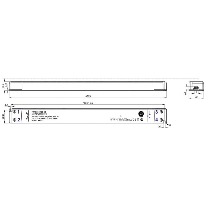 Zasilacz LED 150W 24V 6,25A meblowy slim POS Power wymiary