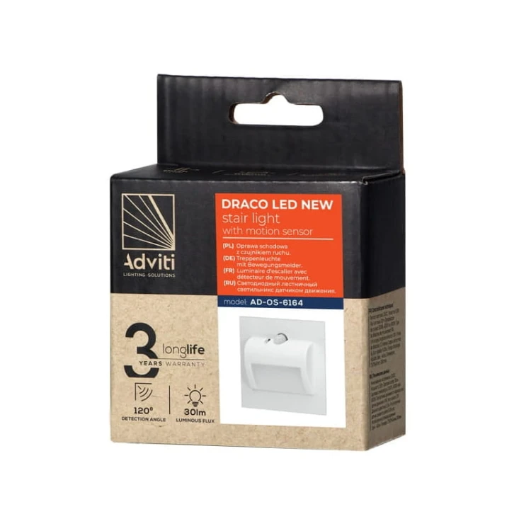 Oprawa schodowa LED 1,5W 12V DRACO biała neutralna - biała z czujnikiem ruchu i zmierzchu opakowanie