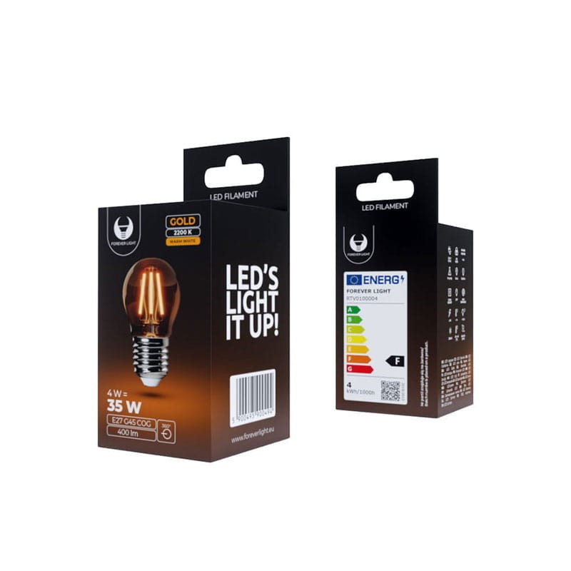 Żarówka LED E27 4W Filament G45 2200K złota opakowanie