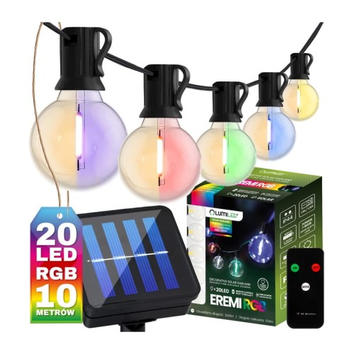 Łańcuch świetlny, girlanda ogrodowa solarna 20 kulek LED 3000K RGB 10,6m + pilot