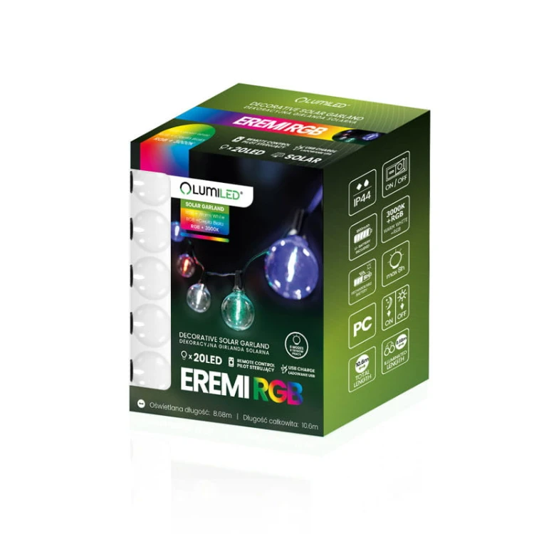 Łańcuch świetlny, girlanda ogrodowa solarna 20 kulek LED 3000K RGB 10,6m + pilot opakowanie