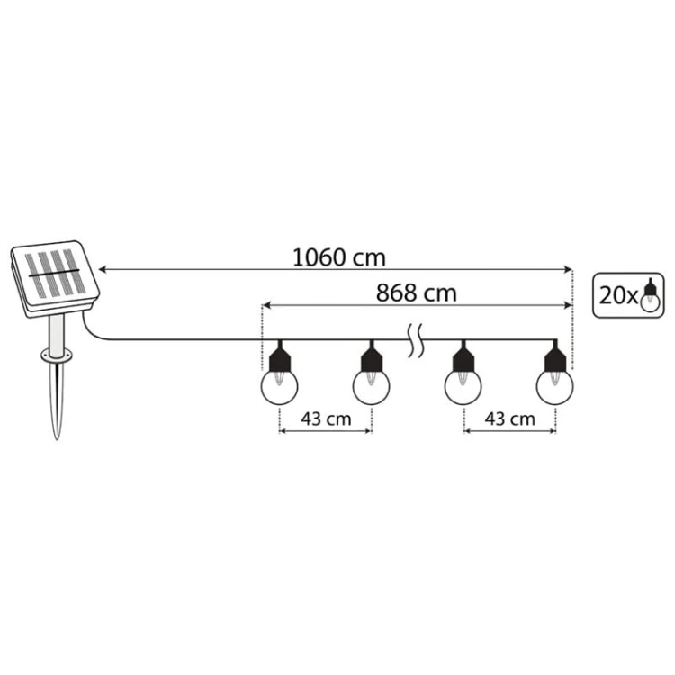 Łańcuch świetlny, girlanda ogrodowa solarna 20 kulek LED 3000K RGB 10,6m + pilot schemat