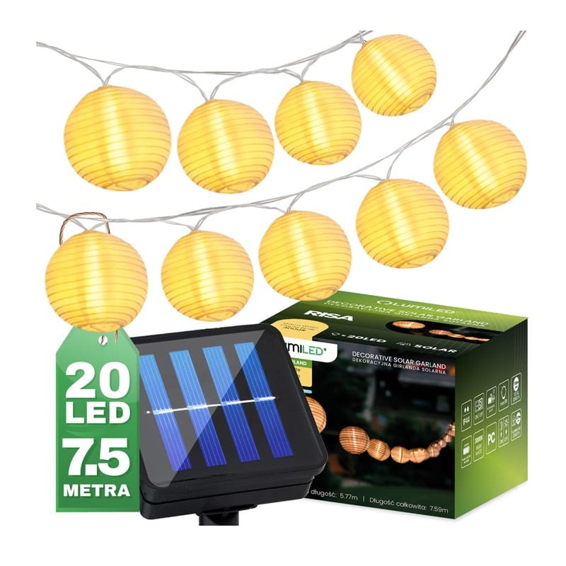 Łańcuch świetlny, girlanda ogrodowa solarna 20xLED ozdobne lampiony 3000K 7,59m RISA