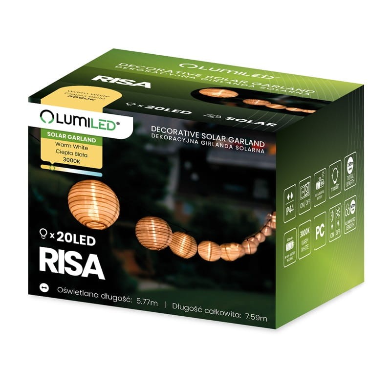 Łańcuch świetlny, girlanda ogrodowa solarna 20xLED ozdobne lampiony 3000K 7,59m RISA opakowanie
