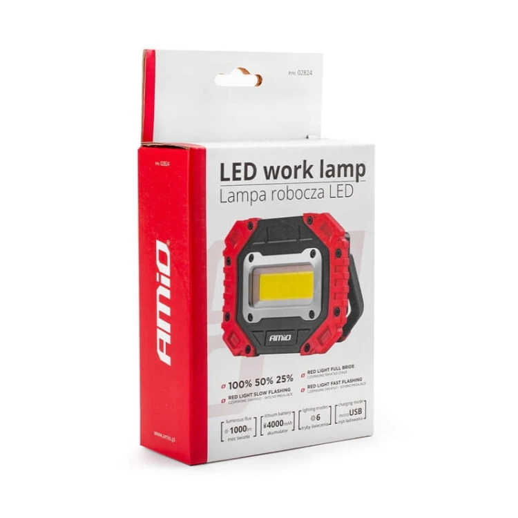 Lampa robocza, naświetlacz przenośny LED biały zimny z akumulatorem + USB opakowanie