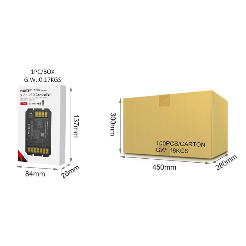 Sterownik LED WiFi 5in1 RGB+CCT uniwersalny 30A - HR5 wymiary