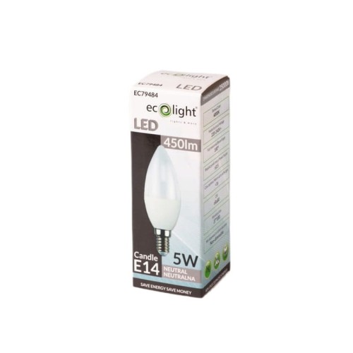 Żarówka LED E14 5W C37 świeczka biała neutralna opakowanie
