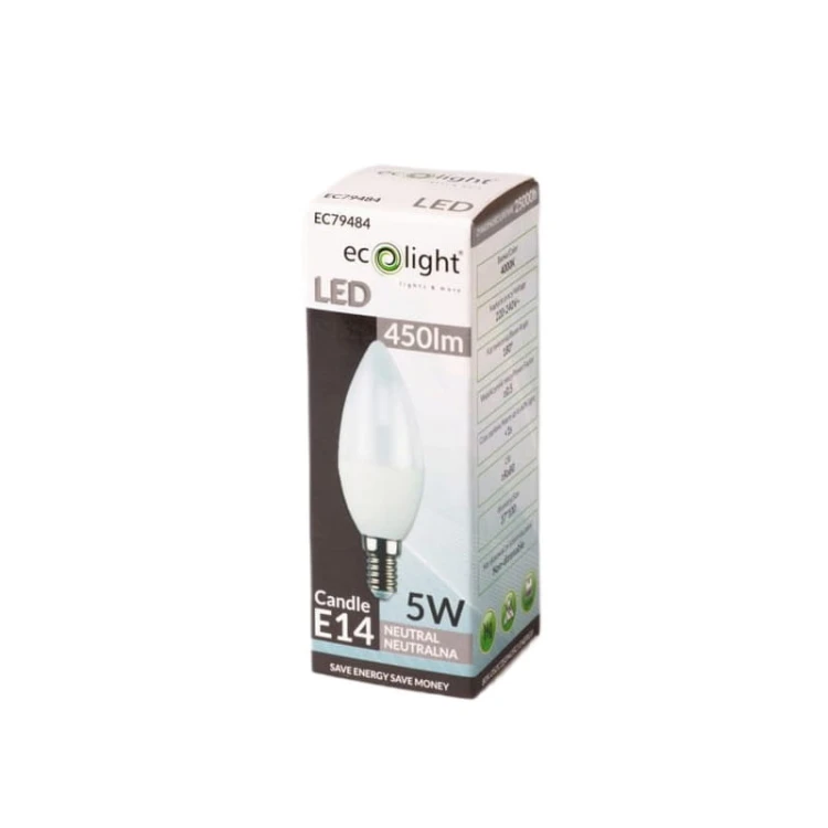 Żarówka LED E14 5W C37 świeczka biała neutralna opakowanie