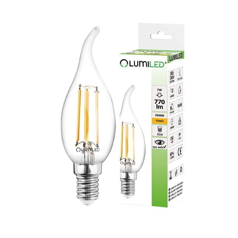 Żarówka LED E14 C35 7W płomyk Filament biała ciepła z opakowaniem