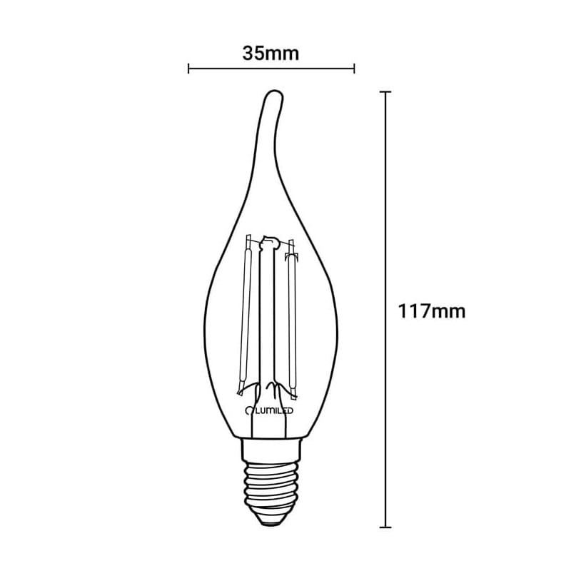 Żarówka LED E14 C35 7W płomyk Filament biała ciepła wymiary