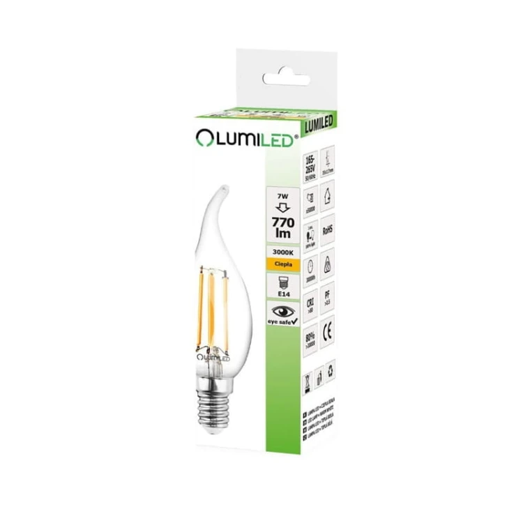 Żarówka LED E14 C35 7W płomyk Filament biała ciepła opakowanie