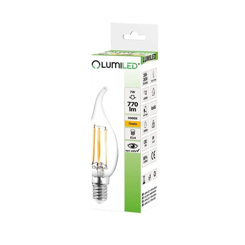 Żarówka LED E14 C35 7W płomyk Filament biała ciepła opakowanie