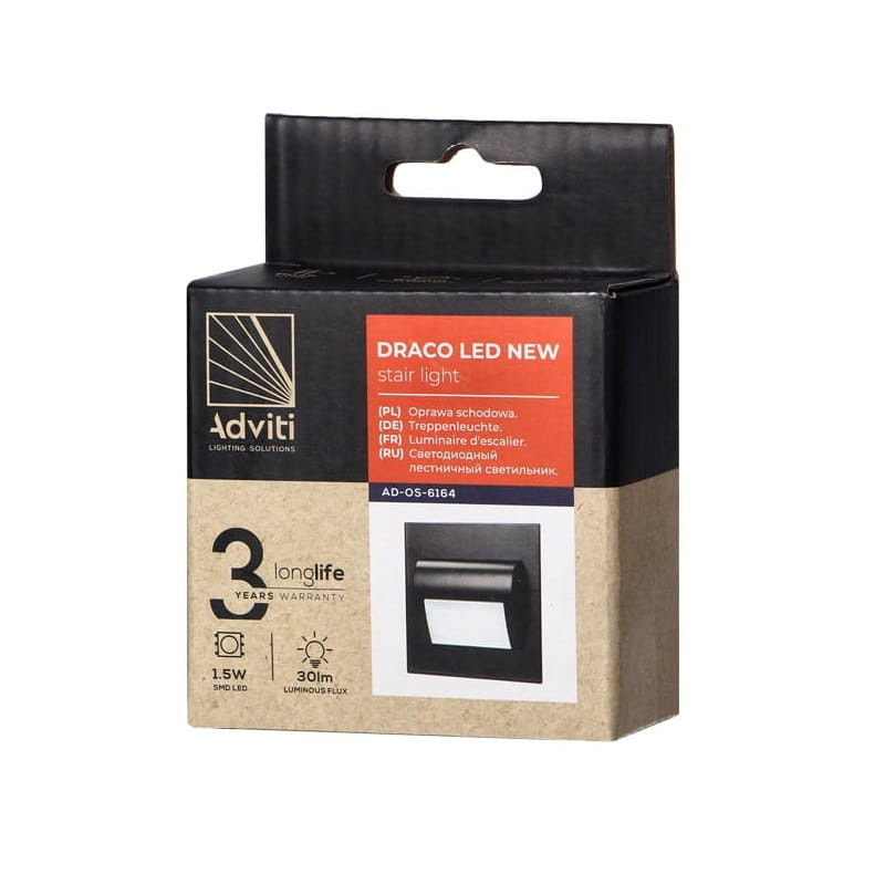 Oprawa schodowa LED 1,5W 12V DRACO biała neutralna - czarna opakowanie