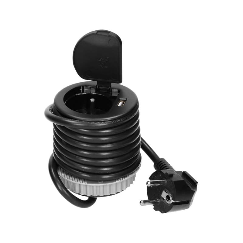 Gniazdo meblowe Ø6cm wpuszczane w blat z pokrywką, ładowarką USB i przewodem 1,8m