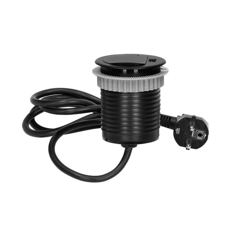 Gniazdo meblowe Ø6cm wpuszczane w blat z pokrywką, ładowarką USB i przewodem 1,8m, 1x2P+Z, 1xUSB, czarne