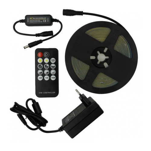 Zestaw taśma LED PREMIUM COB 7W/m 320 chips/m 24V 3000K IP20 biała ciepła 5m. + zasilacz + sterownik + pilot