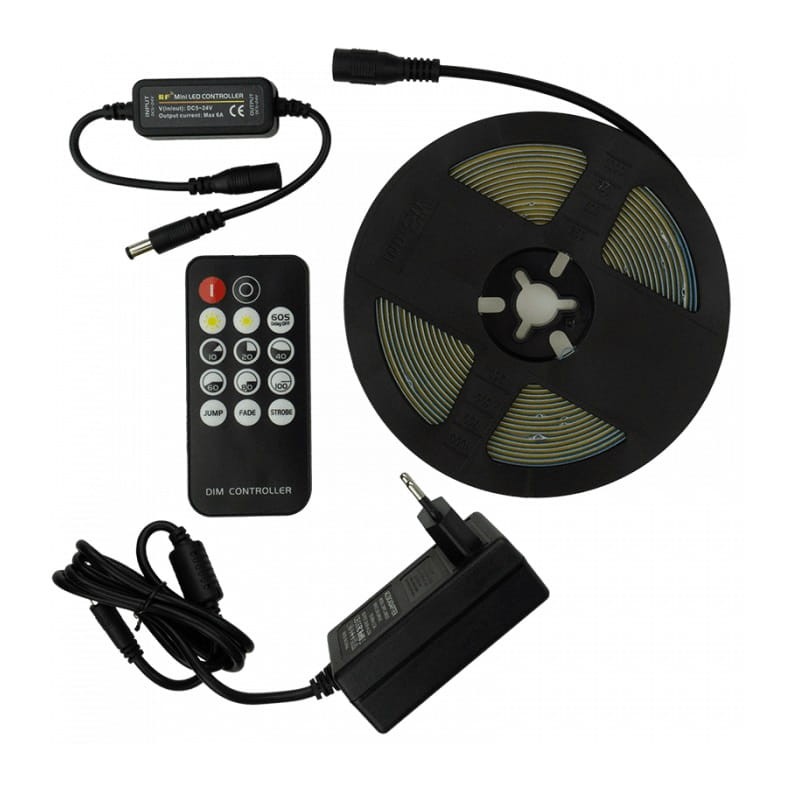 Zestaw taśma LED PREMIUM COB 7W/m 320 chips/m 24V 3000K IP20 biała ciepła 5m. + zasilacz + sterownik + pilot