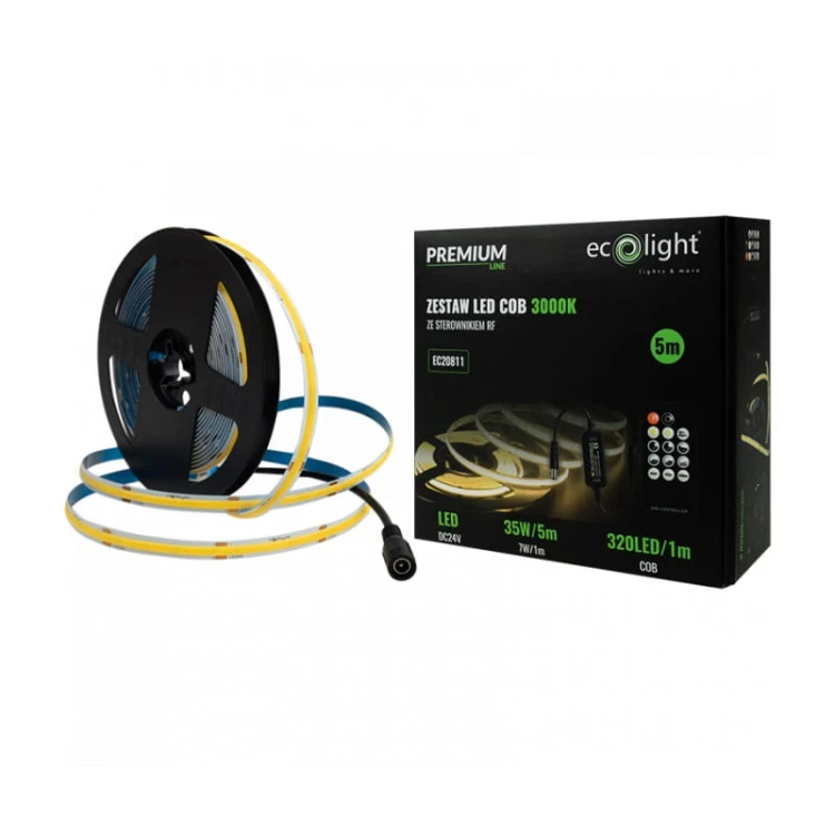 Zestaw taśma LED PREMIUM COB 7W/m 320 chips/m 24V 3000K IP20 biała ciepła 5m.