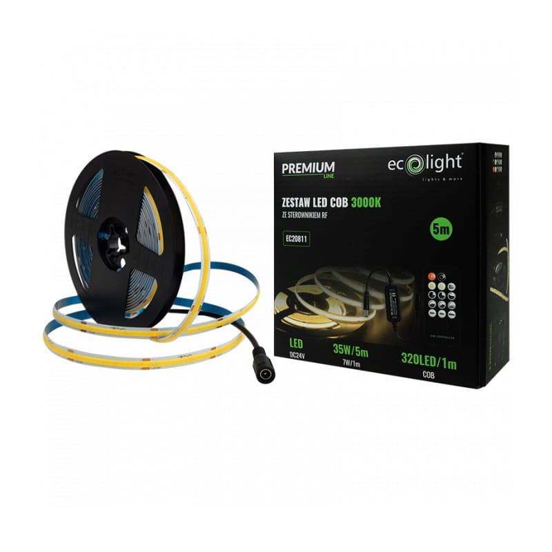 Zestaw taśma LED PREMIUM COB 7W/m 320 chips/m 24V 3000K IP20 biała ciepła 5m.