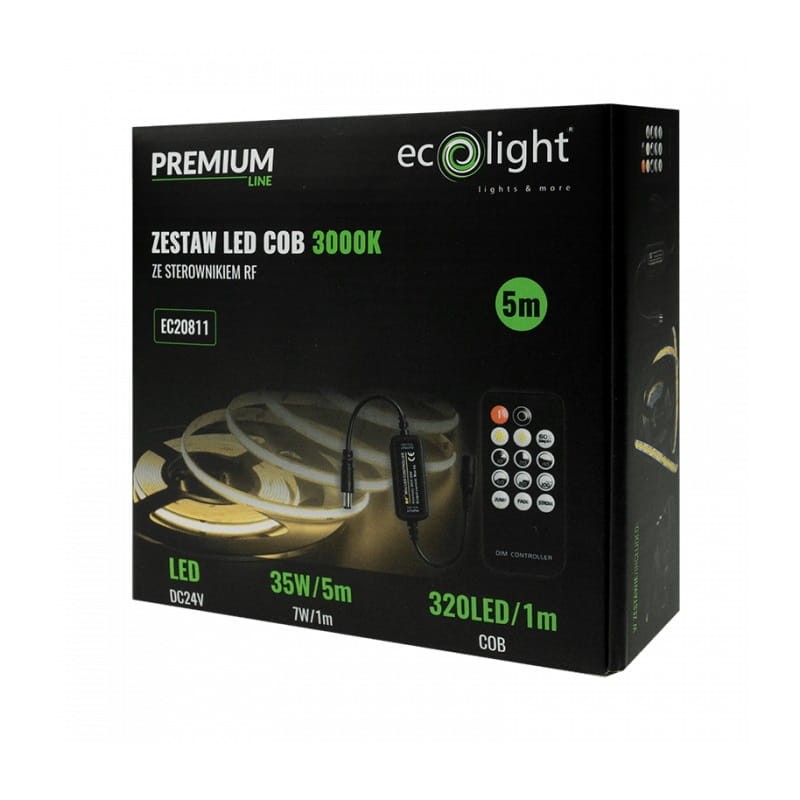 Zestaw taśma LED PREMIUM COB 7W/m 320 chips/m 24V 3000K IP20 biała ciepła 5m. + zasilacz + sterownik + pilot opakowanie