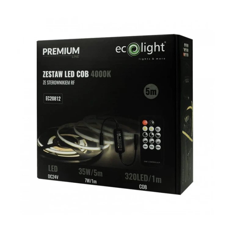 Zestaw taśma LED PREMIUM COB 7W/m 320 chips/m 24V 4000K IP20 biała neutralna 5m. + zasilacz + sterownik + pilot opakowanie