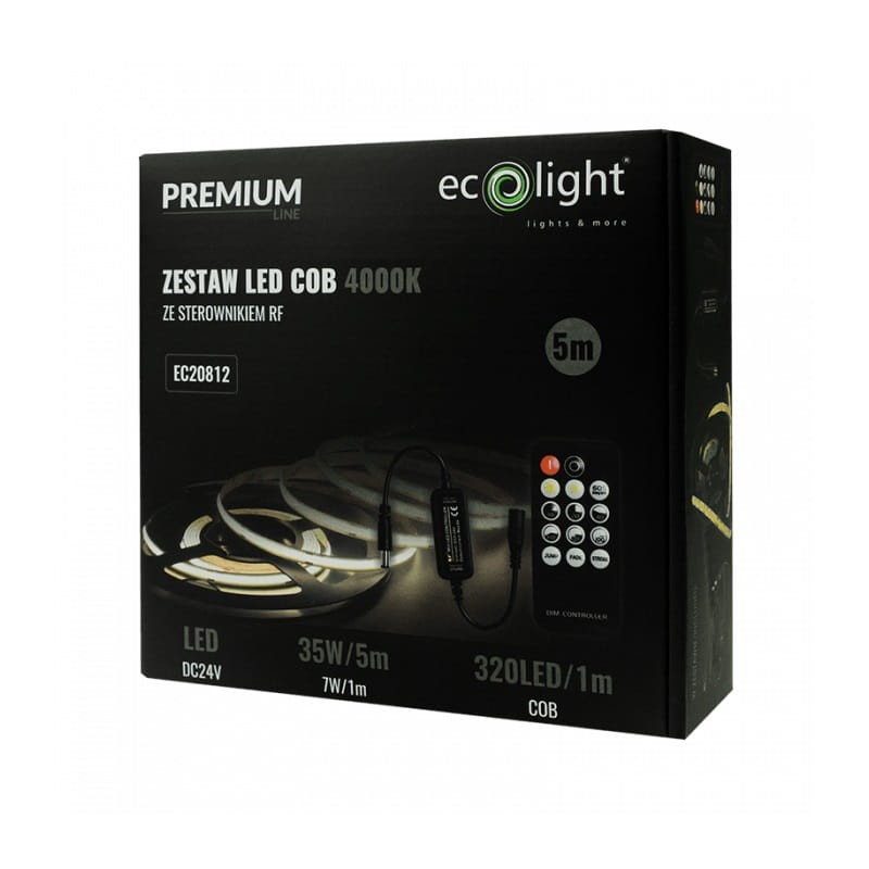 Zestaw taśma LED PREMIUM COB 7W/m 320 chips/m 24V 4000K IP20 biała neutralna 5m. + zasilacz + sterownik + pilot opakowanie