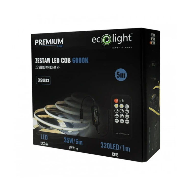 Zestaw taśma LED PREMIUM COB 7W/m 320 chips/m 24V 6000K IP20 biała zimna 5m. + zasilacz + sterownik + pilot opakowanie