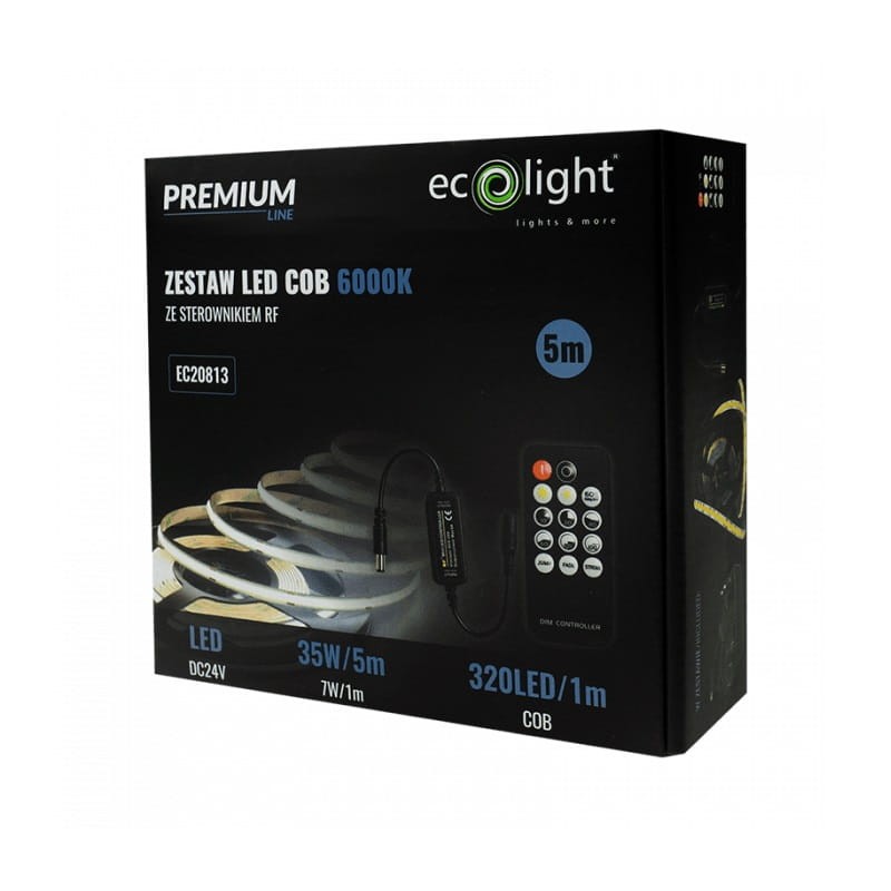 Zestaw taśma LED PREMIUM COB 7W/m 320 chips/m 24V 6000K IP20 biała zimna 5m. + zasilacz + sterownik + pilot opakowanie