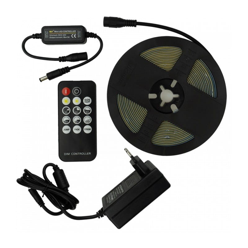 Zestaw taśma LED PREMIUM COB 7W/m 320 chips/m 24V 6000K IP20 biała zimna 5m. + zasilacz + sterownik + pilot