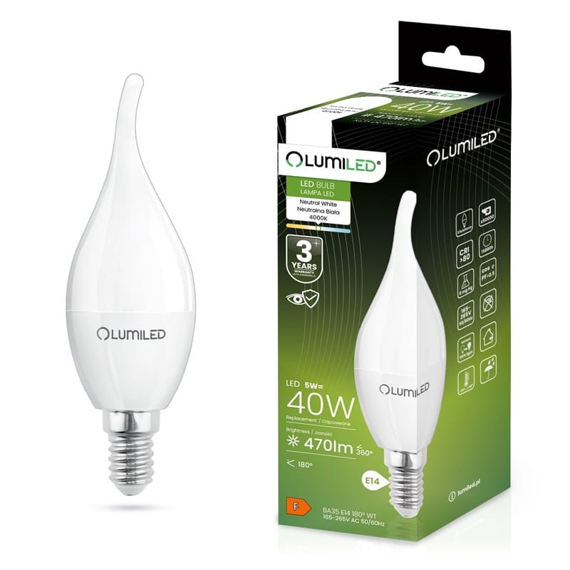 Żarówka LED E14 5W neutralna 4000K 470lm płomyk C37