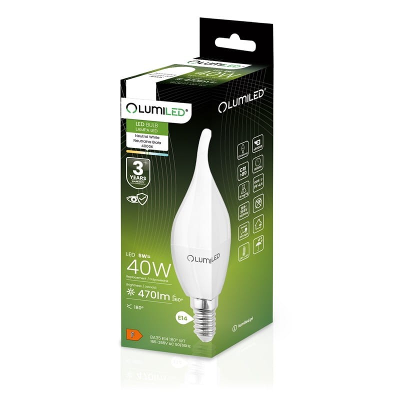 Żarówka LED E14 5W neutralna 4000K 470lm płomyk C37 opakowanie