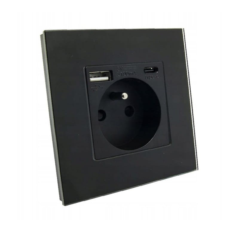 Gniazdko elektryczne pojedyncze czarne z USB A&C + ramka szklana