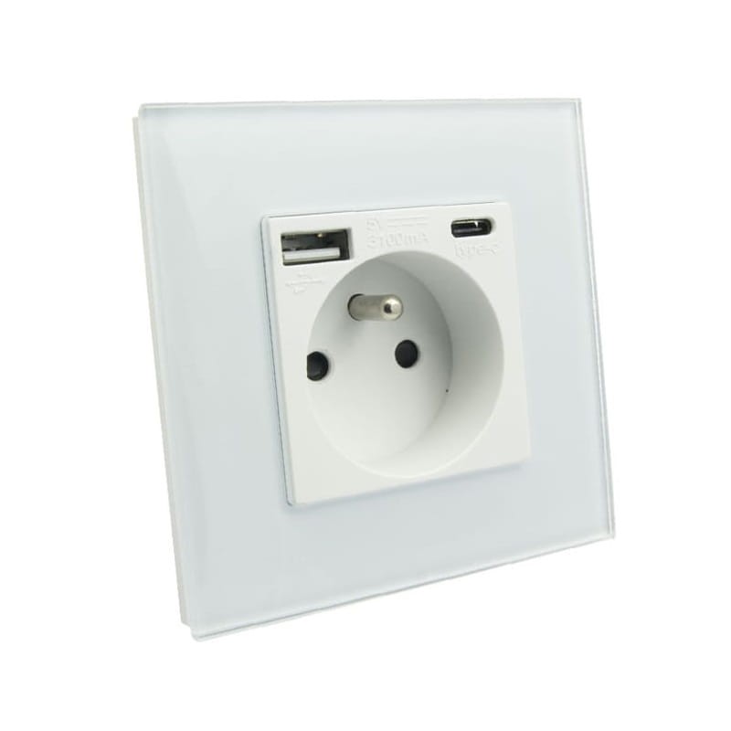 Gniazdko elektryczne pojedyncze białe z USB A&C + ramka szklana