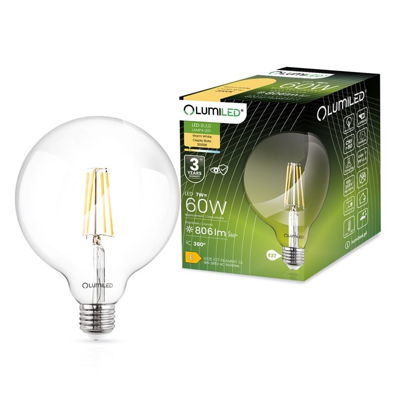Żarówka LED E27 7W ciepła 3000K 806lm kula G125 z opakowaniem