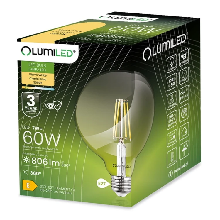 Żarówka LED E27 7W ciepła 3000K 806lm kula G125 opakowanie