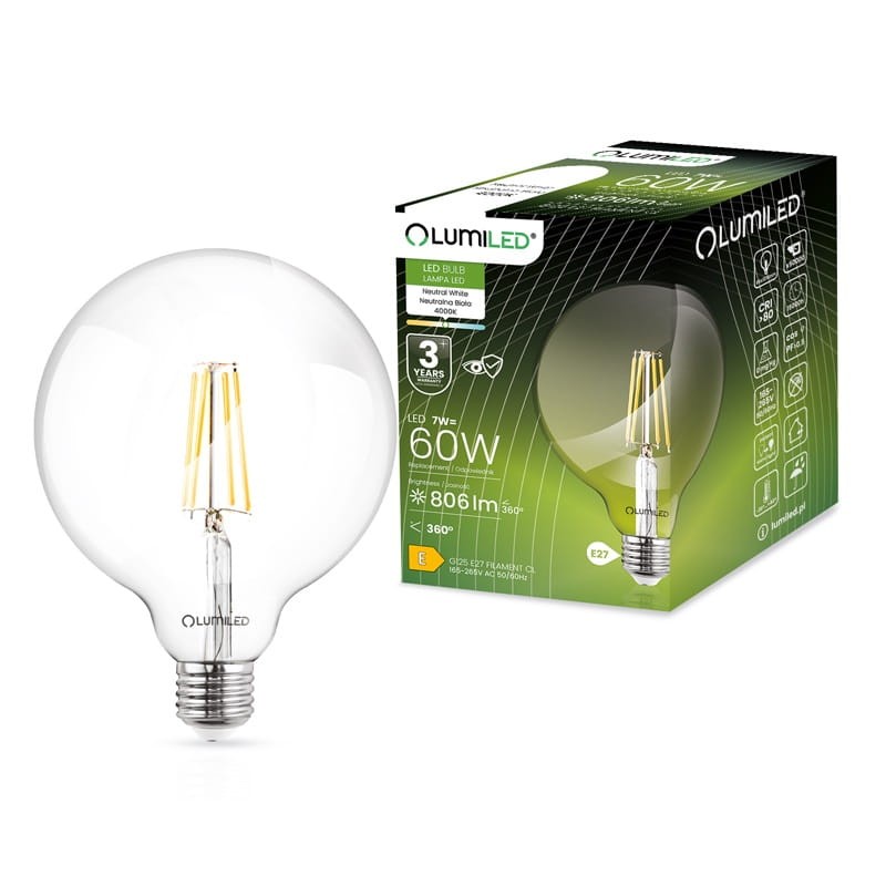 Żarówka LED E27 7W neutralna 4000K 806lm kula G125 Filament z opakowaniem
