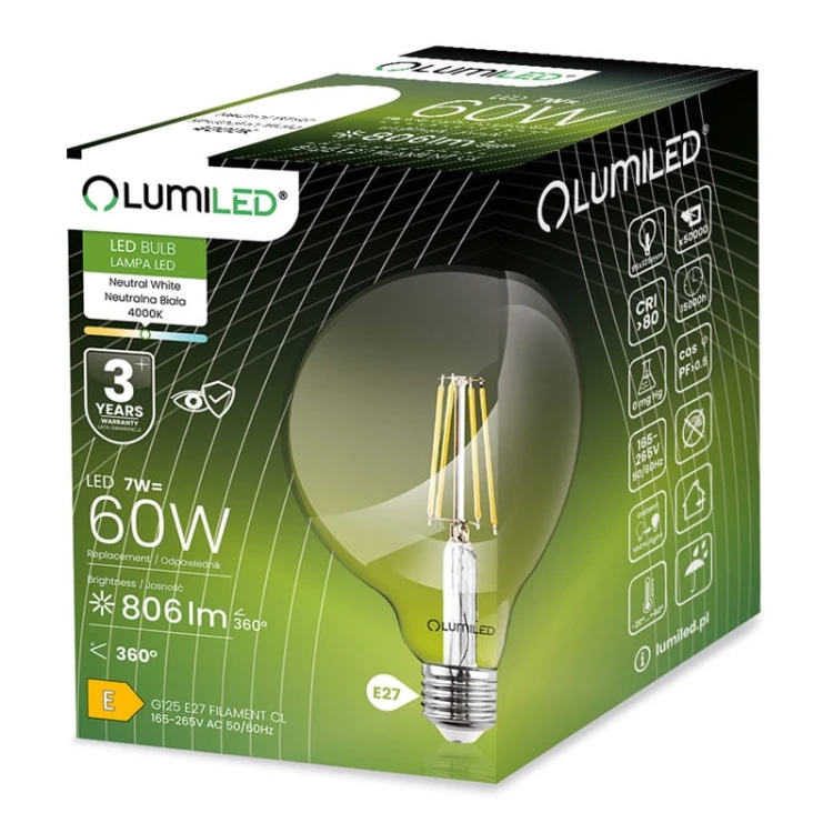Żarówka LED E27 7W neutralna 4000K 806lm kula G125 Filament opakowanie